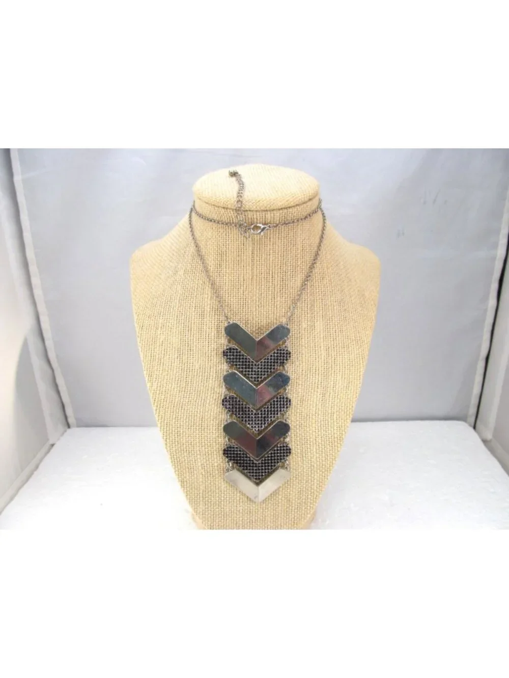 Chevron Statement Necklace with Silver Tone Metal Black Detail Adjustable Chain